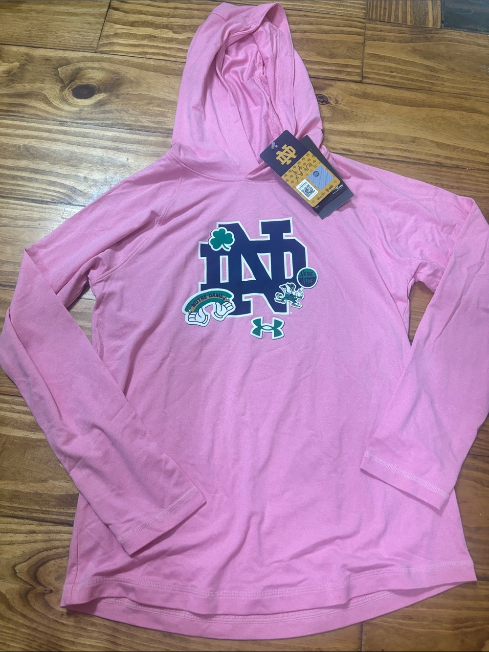 NWT Under Armour Notre Dame Fightin’ Irish Youth Medium Pink Hooded Long Sleeve